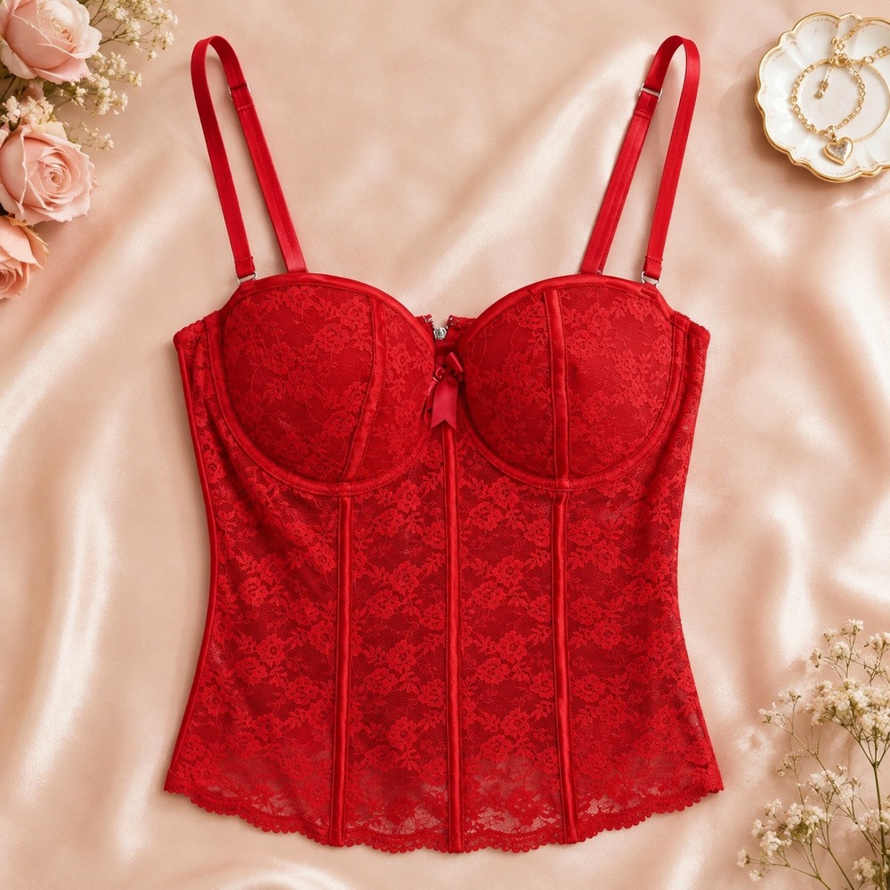 Victoria's Secret Red Lace Corset Top Underwire Zipper Lingerie Bustier